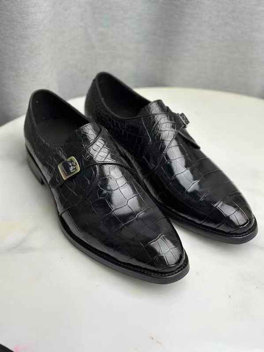 Crocodile Monk Strap Slip-On Loafer Buesiness Dress Shoes Black