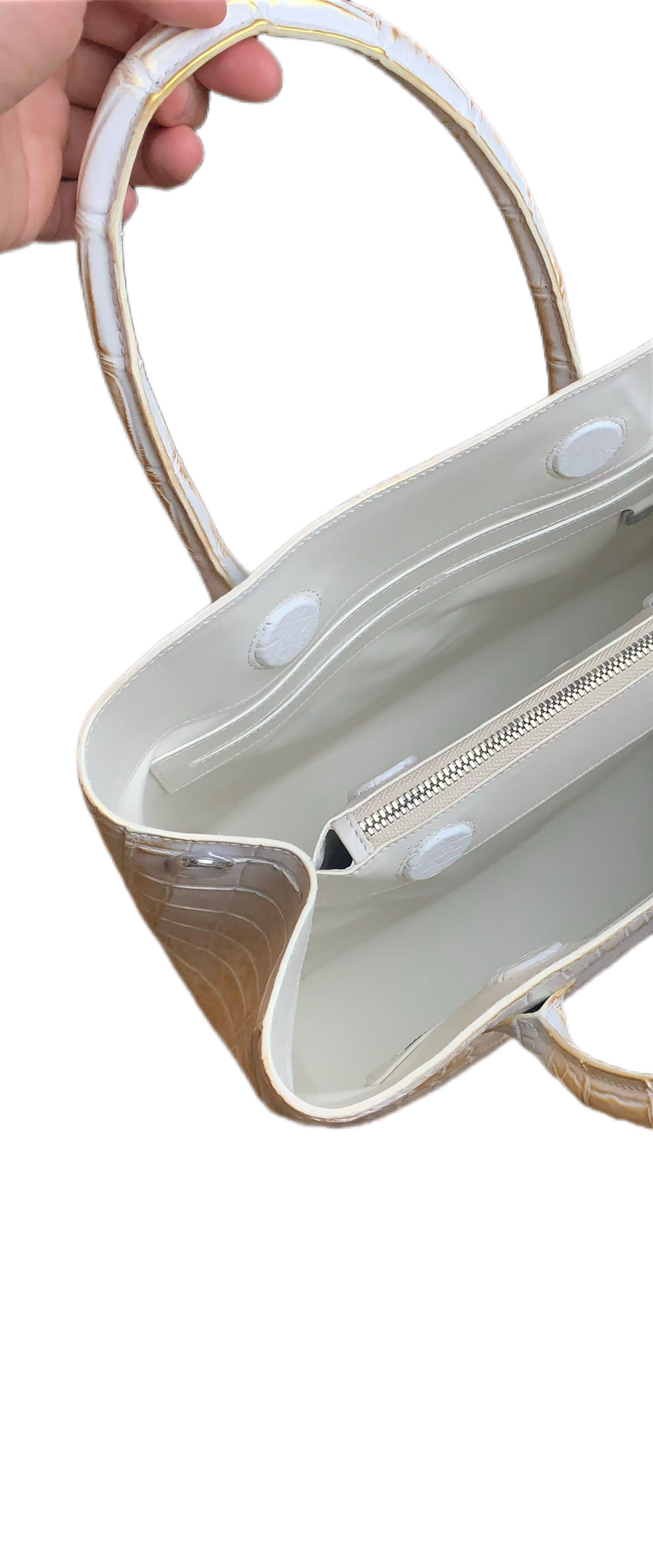 White Genuine Crocodile Skin Leather Brushed Gold Top Handle Bag For Women