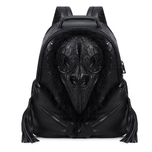 3D Backpack 3D PU Leather Beak Skull With Feather Computer Backpack