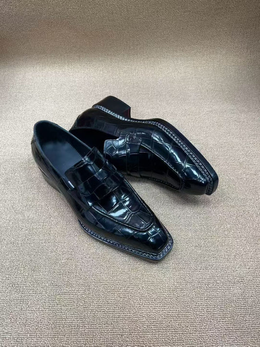 Crocodile Shoes Black Crocodile Leather Norwegian Sewn Dress Loafer Shoes