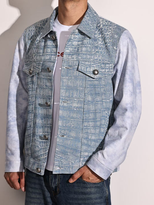 Mens Jackets , Denim Fabric Style Crocodile Skin Leather Jackets