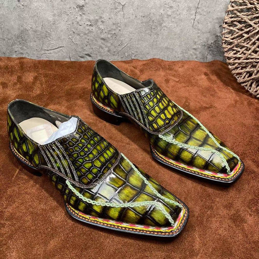 Crocodile Shoes Men's Crocodile Leather Norwegian Stitching Lace Up Dress Shoes Vintage Yellow