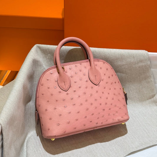 Womens Genuine Ostrich SKin Leather Shell Promennade Trapezoid Cross Body Bag Mini