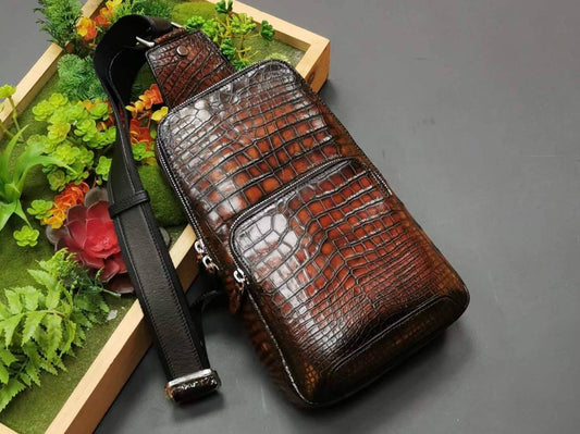 Vintage Brown Genuine Crocodile Skin Leather Chest Sling Shoulder Bag