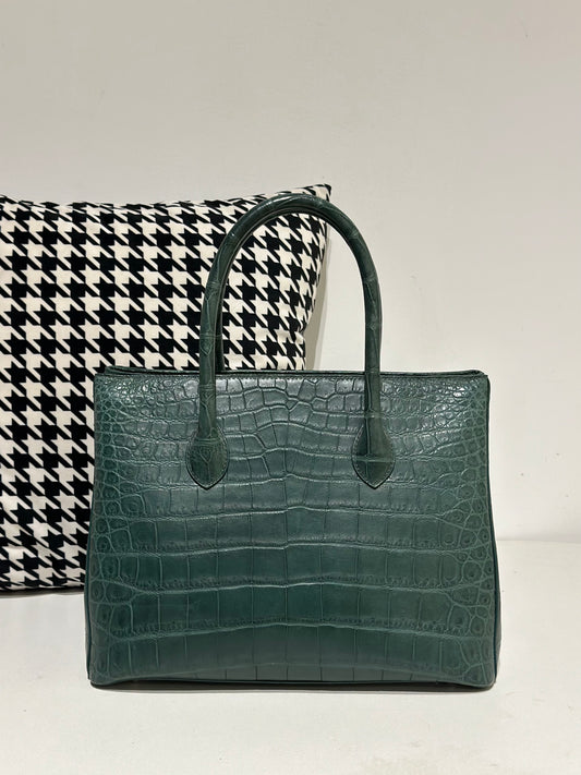 Crocodile Leather Top Handle Bag Dark Green