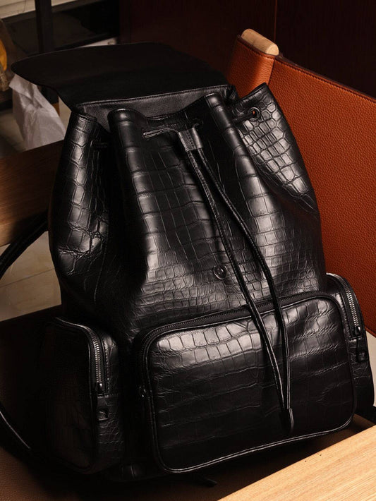 Unisex Black Crocodile Leather Backpack Small