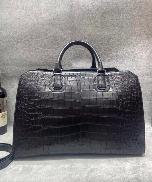 Crocodile Skin Leather Travel Duffle Bag Matt Black & Dark Blue