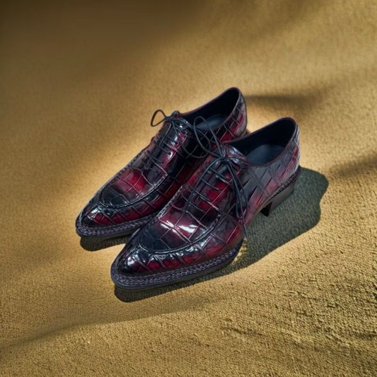 Crocodile Shoes Crocodile Leather Norwegian Sewn Lace Up Dress Shoes Vintage Wine Red