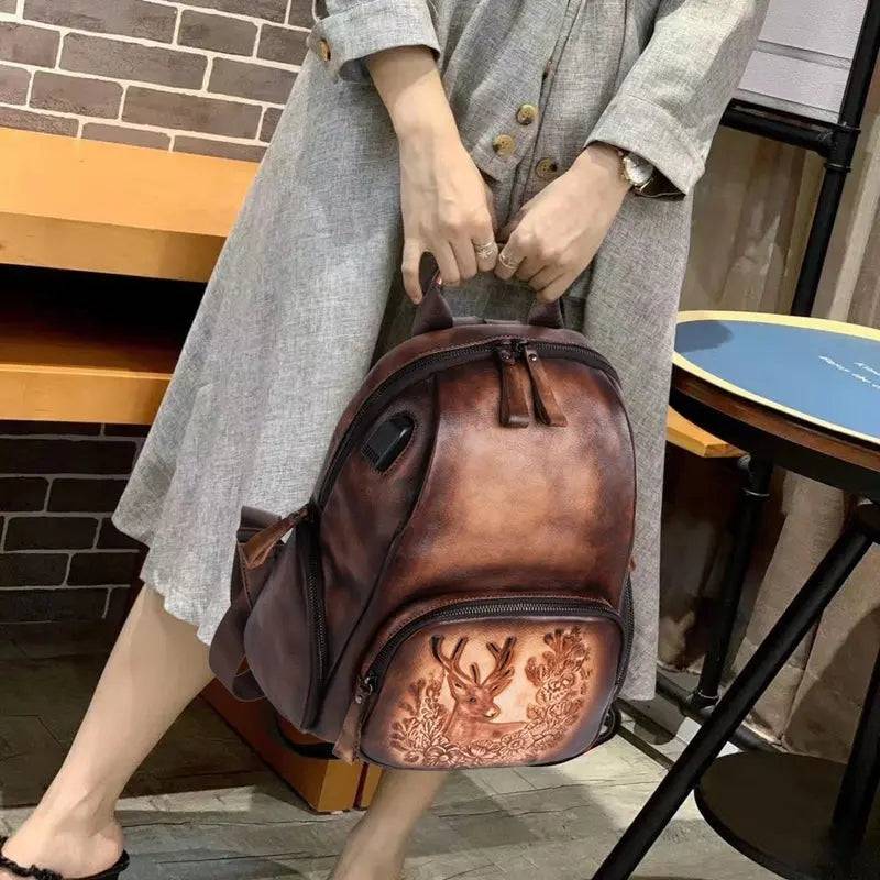 Rossie Viren Women's Retro Genuine Leather Large Backpack, Leather Rucksack, Leather Knapsack ,Office Bag,Travel Backpack