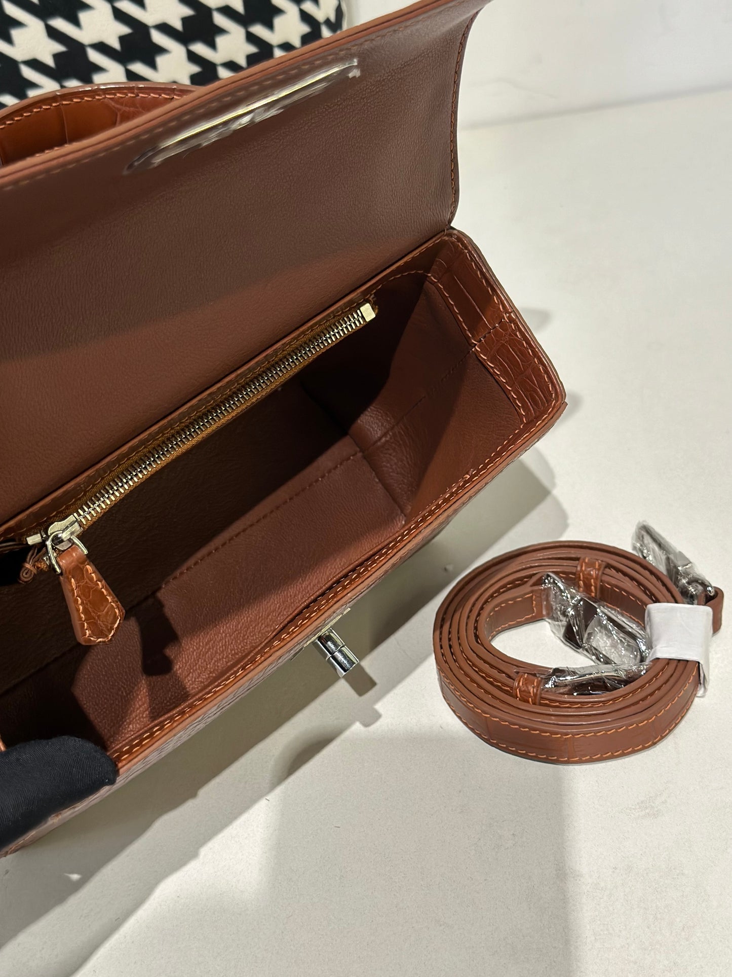 Crocodile Leather Top Handle Cross Body Bag Tan