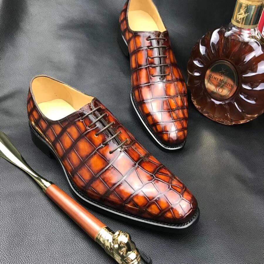 Crocodile Shoes Burnished Tan Derby Crocodile Belly Leather Lace-Up Shoes For Men