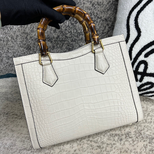 Crocodile Skin Leather Shoulder Crossbody Bag With Bamboo Handle White