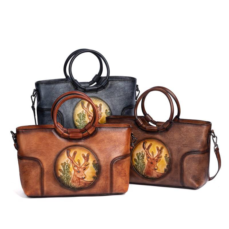 Rossie Viren Women's Fashion Large Capacity Round Handle Vintage Leather Shoulder Tote Bag