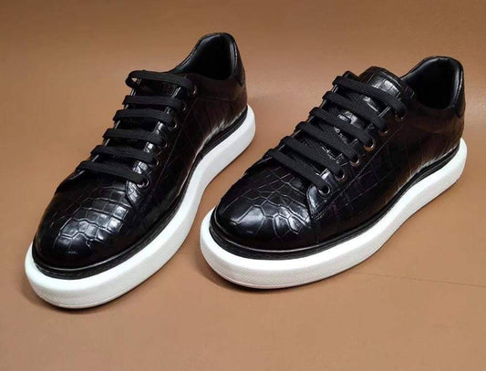 Crocodile Shoes Fashion Men's Sidework Casual Low-top Slip On Sneakers In Black Crocodile Leather