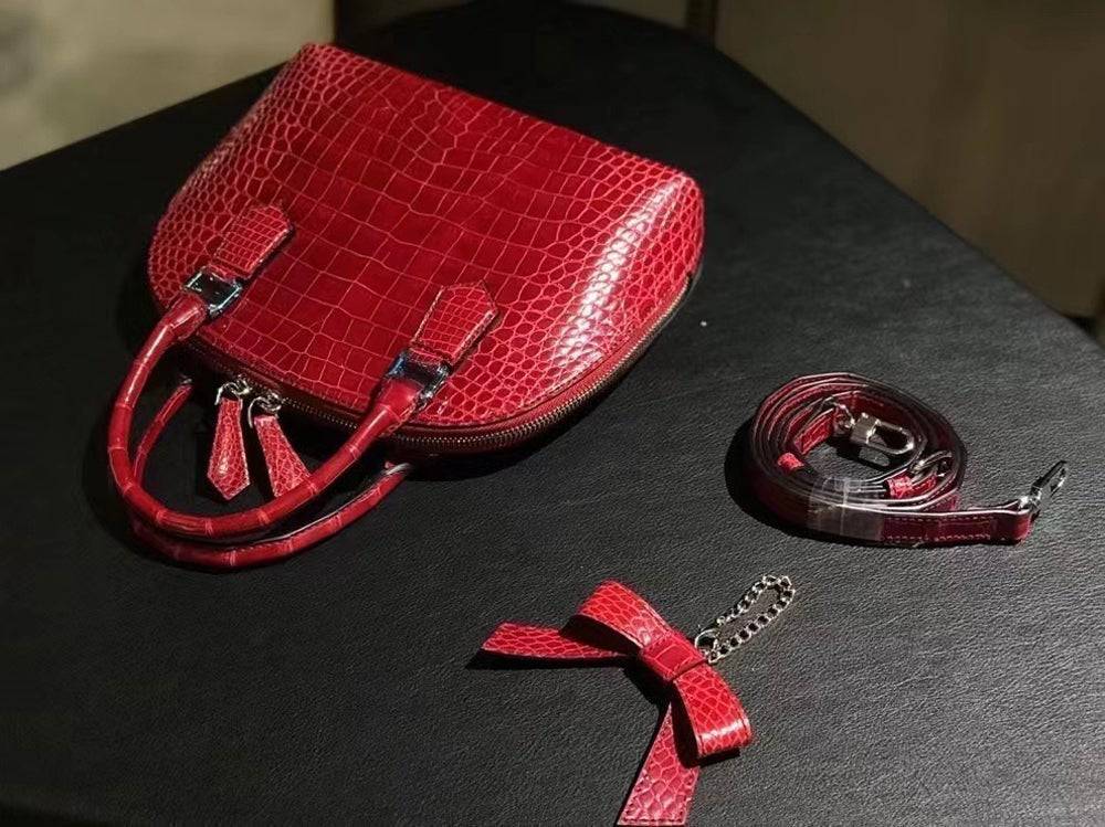 Genuine Crocodile Leather Shell Top Handle Cross Body Tote Bags For S/S Red