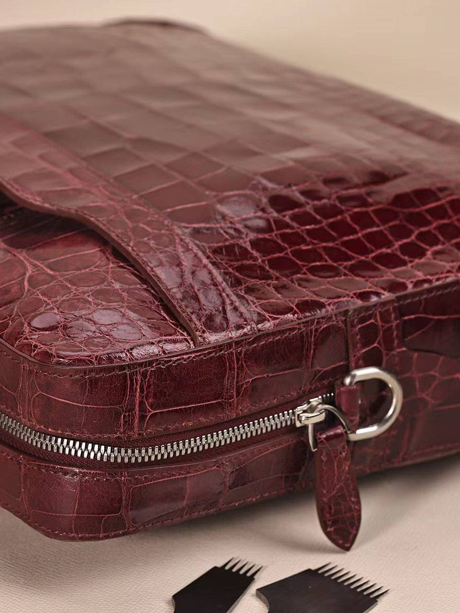 Men Genuine Crocodile Leather Briefcase Wine Red