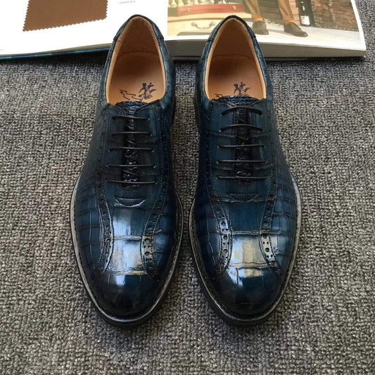 Crocodile Shoes Men s Crocodile Leather Hand-Painted Lace-Up Shoes ,Goodyear Welted Brogue Shoes
