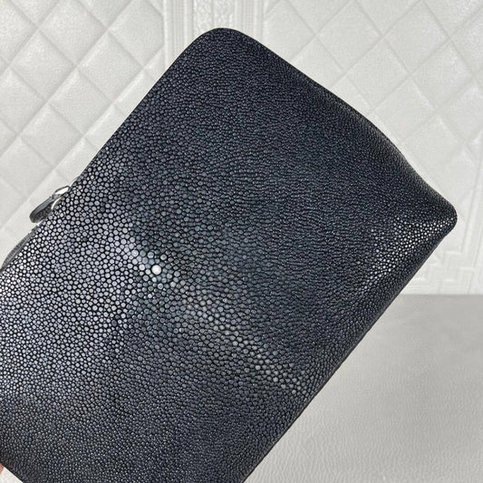 Men'sPearl Stingray Leather Business Zip Wallet With Wrist Strap Clutch Bag Large
