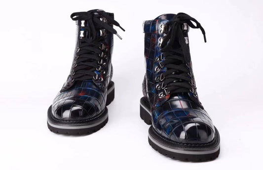 Crocodile Shoes Mens Boots Genuine Crocodile Leather High-top Lace Up Anti-Slip Boot Vintage Multi Blue