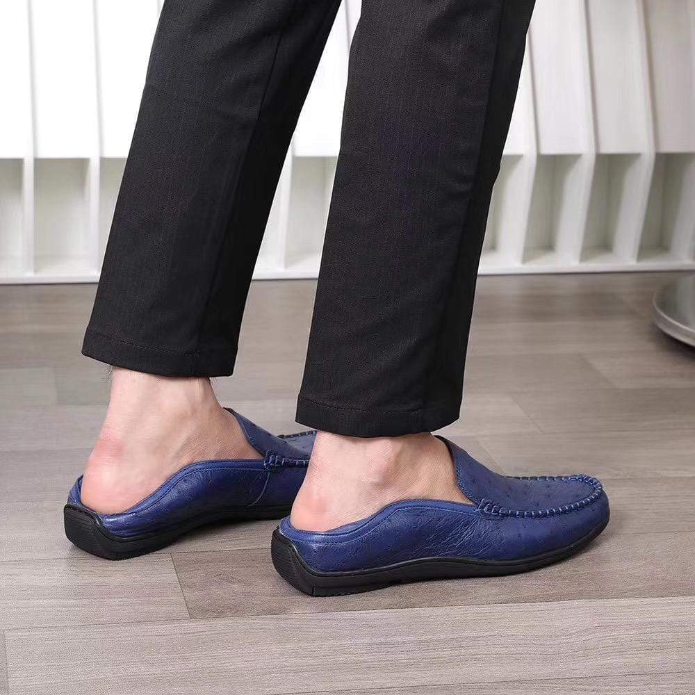 Crocodile Shoes Mens Slip On Casual Fashion Ostrich Leather Penny Loafer Shoes Dark Blue