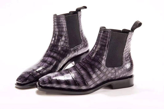Crocodile Shoes Mens Vintage Grey Crocodile Leather Ankle Dress Chelsea Boots