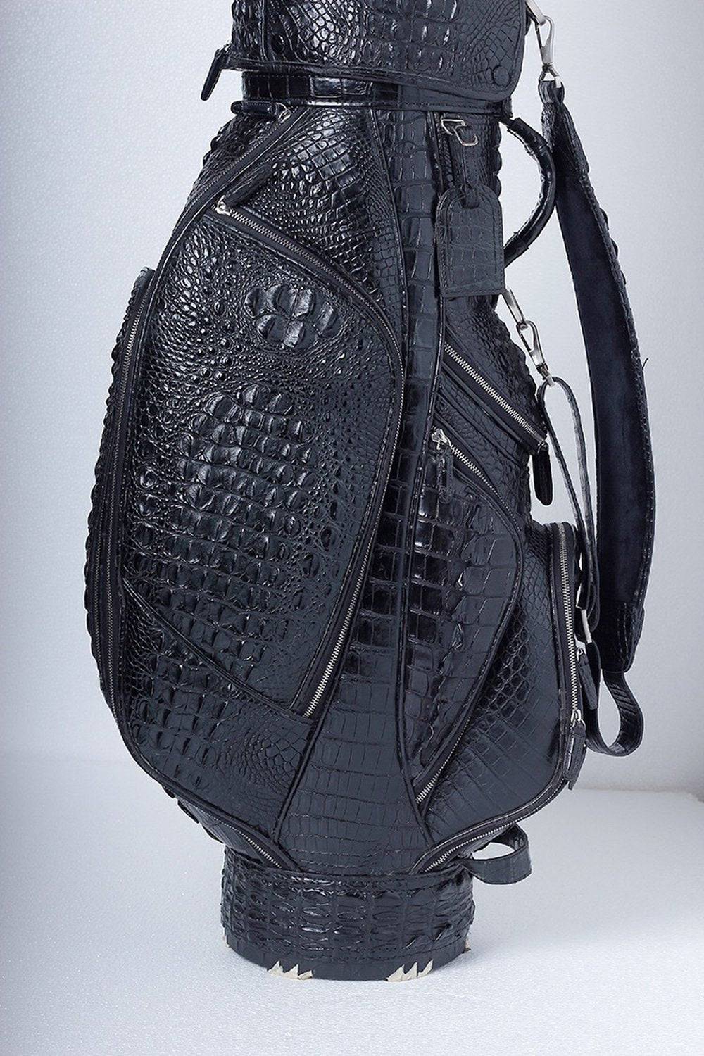 Pre-order Crocodile leather golf set with golf bags, cart bags, and stand bags by Rossie Viren, featuring luxurious crocodile texture.