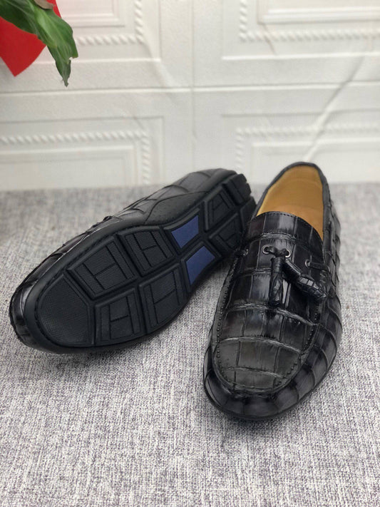 Preorder Crocodile Leather Shoes Mens Slip-On Driving Loafer Shoes Vintage Light Grey
