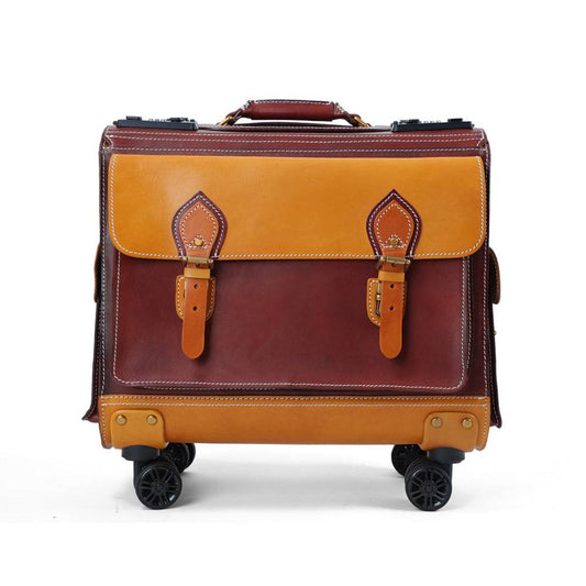 Unisex 23" Genuine Vegetable Tanned Leather Rolling Duffle Bag Trolley Wheeled Carry On Luggage Suitcase Tote