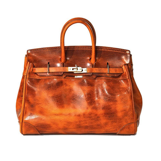 Rossie Viren Women's Unisex Large Vintage Vegetable Tanned Leather Padlock Tote Bag
