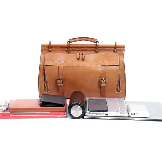 Unisex Vintage Genuine Vegetable- Tanned Leather Medium Weekender Duffle Gym Travel Bag For Men & Women With a Luggage Sleeve