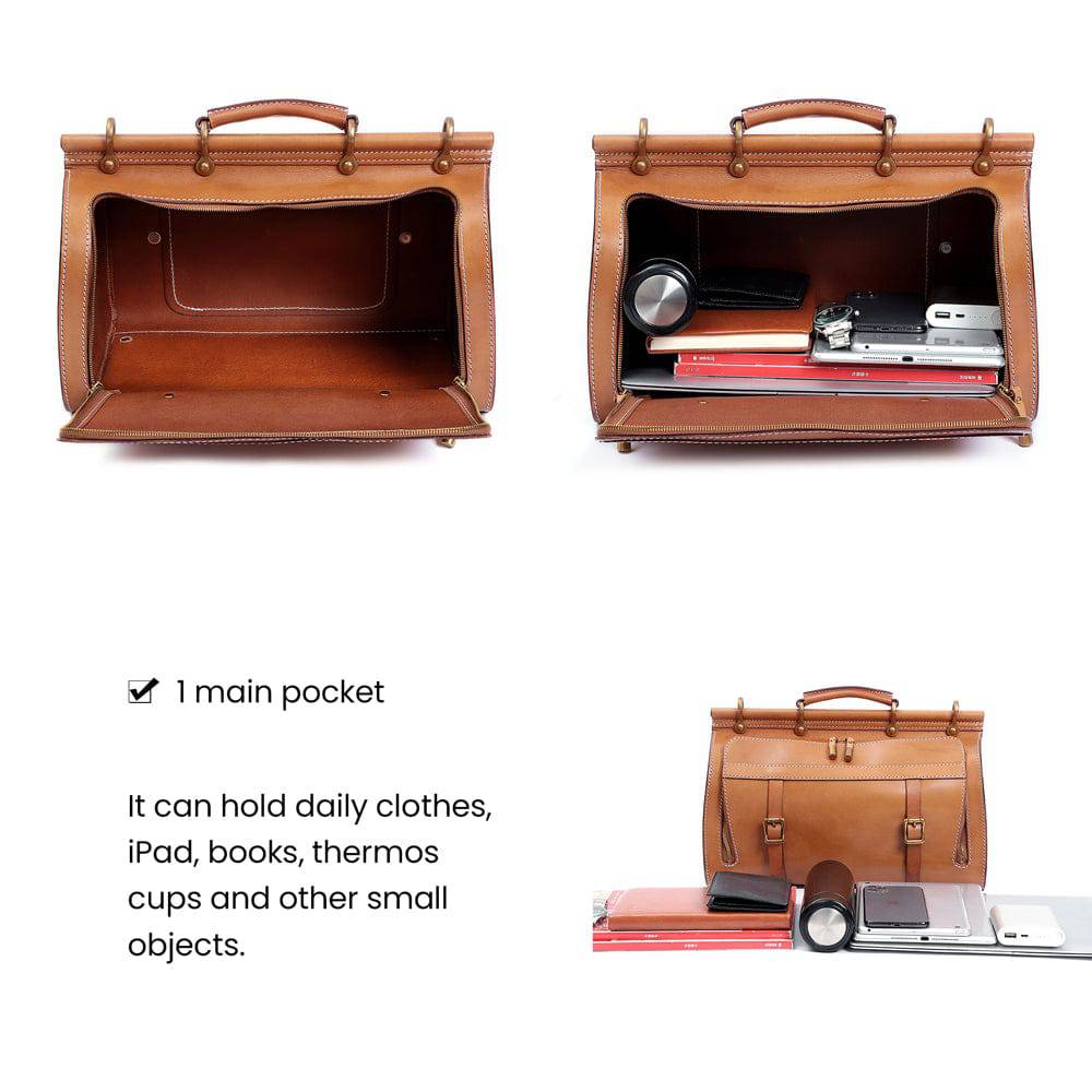 Unisex Vintage Genuine Vegetable- Tanned Leather Medium Weekender Duffle Gym Travel Bag For Men & Women With a Luggage Sleeve