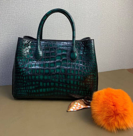 Vintage Genuine Crocodile Leather Top Handle Shoulder Tote Purse Messenger Bags 30cm Emerald Green