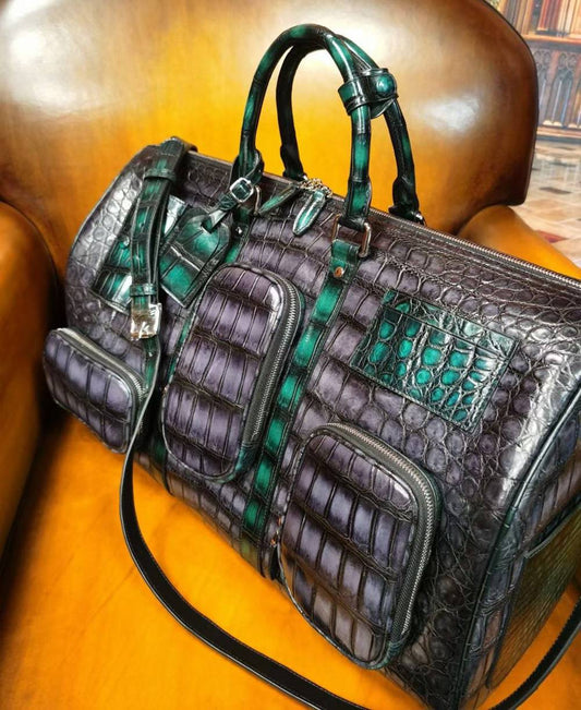 Vintage Green Genuine Crocodile Leather Large Duffel Bag