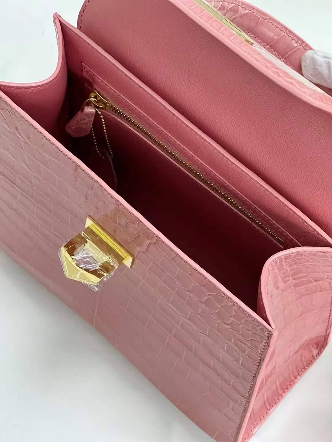 Womens Pale Rose Pink Shiny Crocodile Leather Top Handle Cross Body Bag