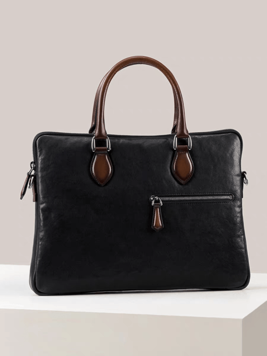 15inch Imported Calfskin Leather Laptop Briefcase Bag Classic Black
