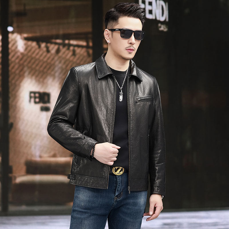 Leather Jacket Men's Turn Down Collar Gradient Oil Waxed Cowhide Jacket Motorcycle Jacket