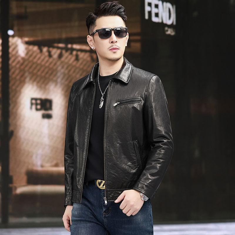 Leather Jacket Men's Turn Down Collar Gradient Oil Waxed Cowhide Jacket Motorcycle Jacket