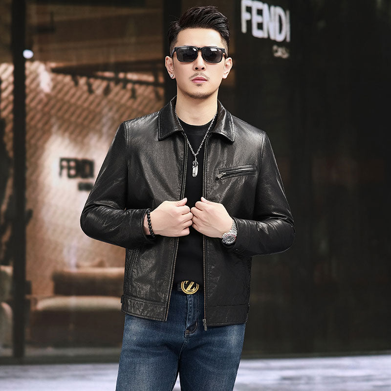 Leather Jacket Men's Turn Down Collar Gradient Oil Waxed Cowhide Jacket Motorcycle Jacket