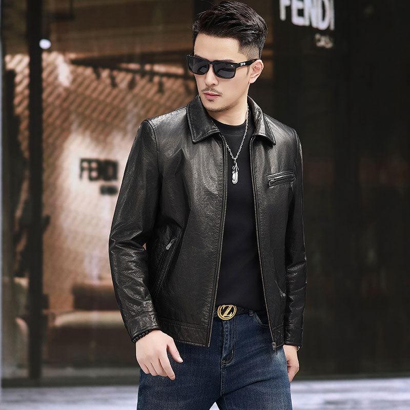 Leather Jacket Men's Turn Down Collar Gradient Oil Waxed Cowhide Jacket Motorcycle Jacket