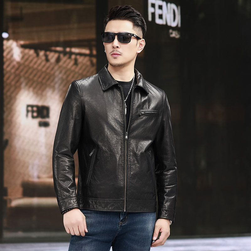 Leather Jacket Men's Turn Down Collar Gradient Oil Waxed Cowhide Jacket Motorcycle Jacket