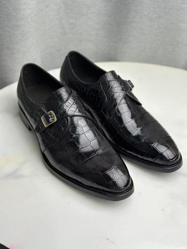 Crocodile Monk Strap Slip-On Loafer Buesiness Dress Shoes Black