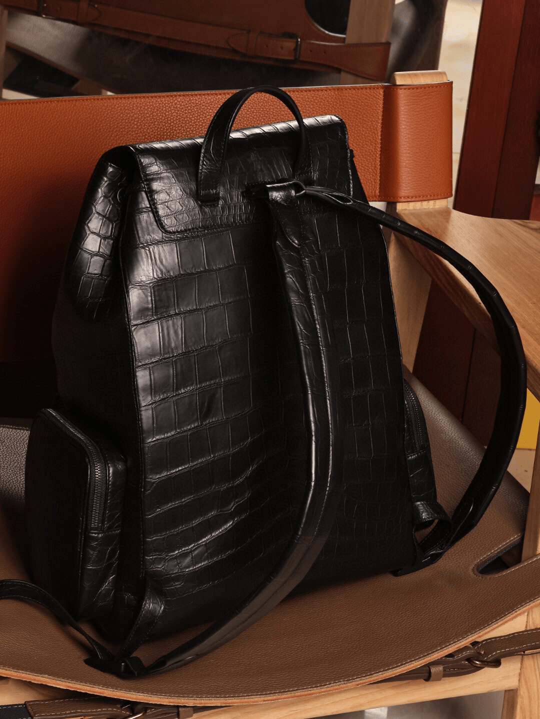 Unisex Black Crocodile Leather Backpack Small