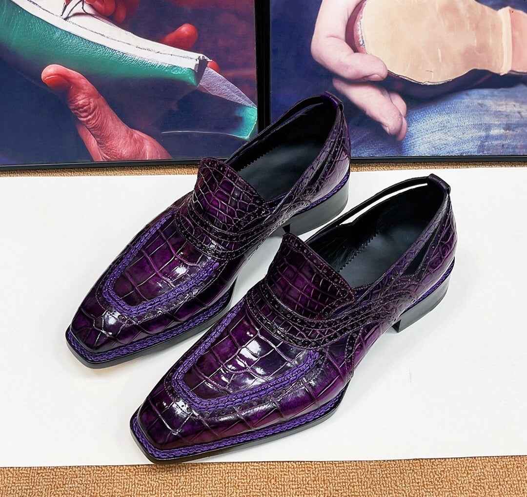 Crocodile Shoes,  Vintage Brown Crocodile Leather Norwegian Sewn Dress Loafer Shoes