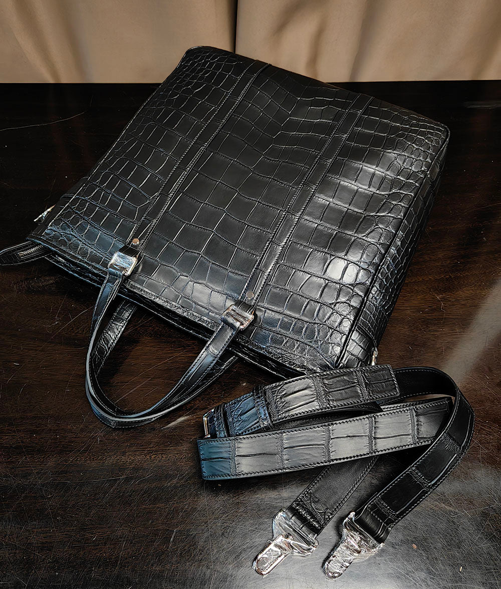 Preorder Unisex Crocodile Leather Briefcase Large Tote Bag Black