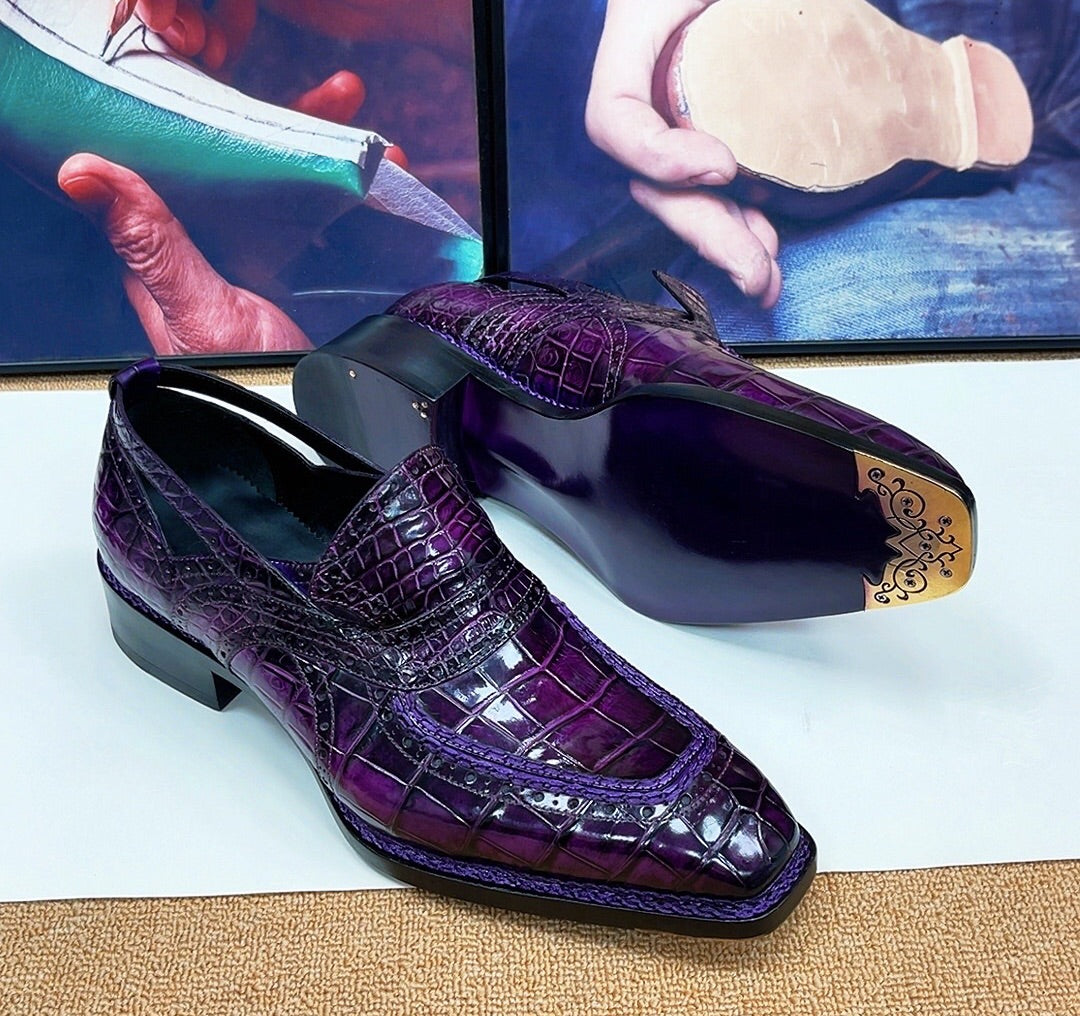 Crocodile Shoes, Vintage Brown Crocodile Leather Norwegian Sewn Dress Loafer Shoes