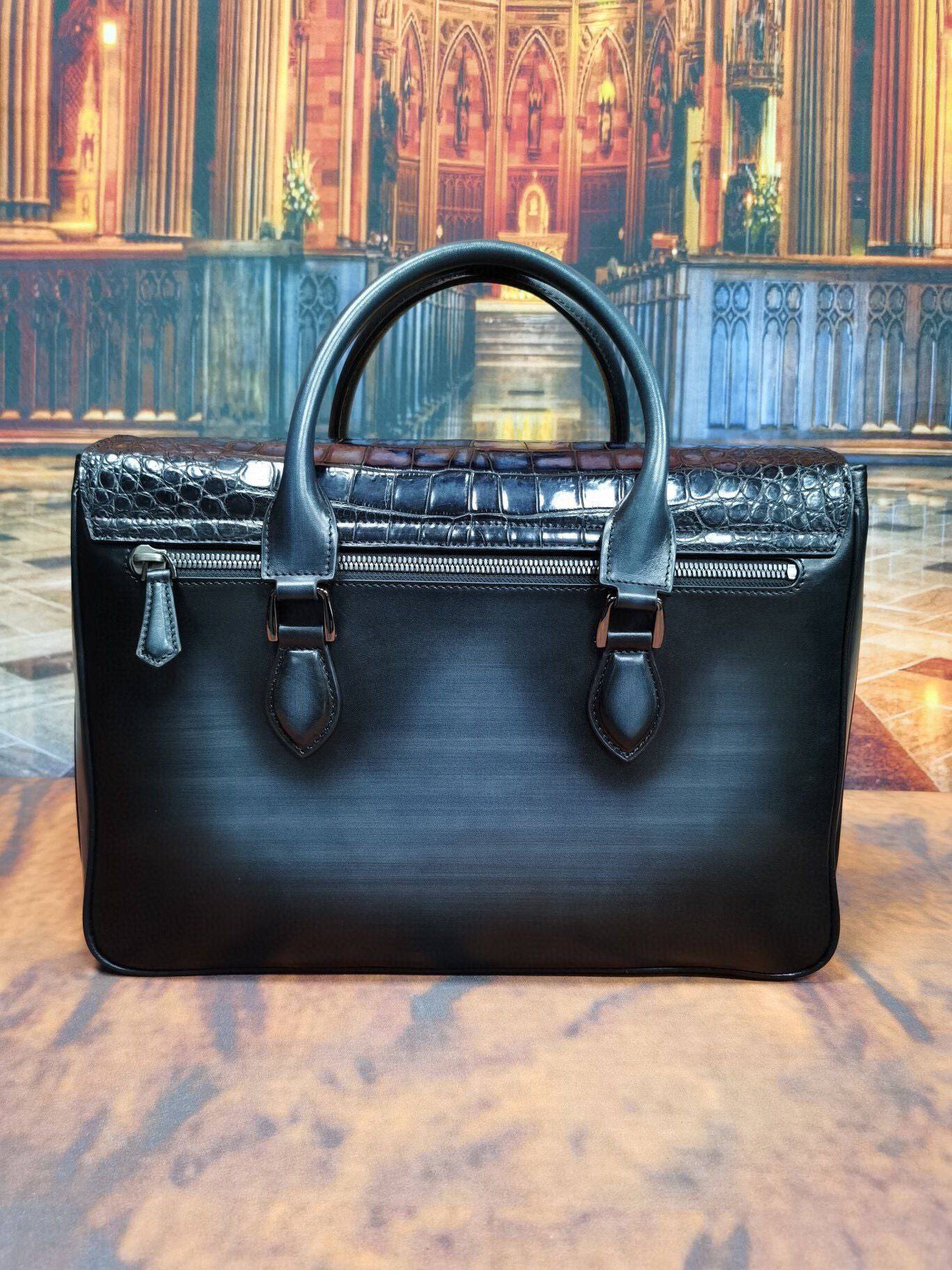 Men's Vintage Leather Briefcase Matched With Crocodile Skin Leather Flap