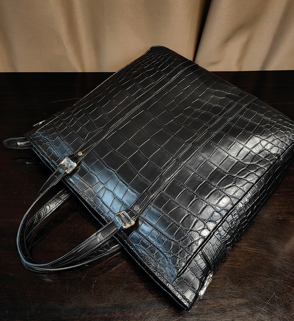 Preorder Unisex Crocodile Leather Briefcase Large Tote Bag Black