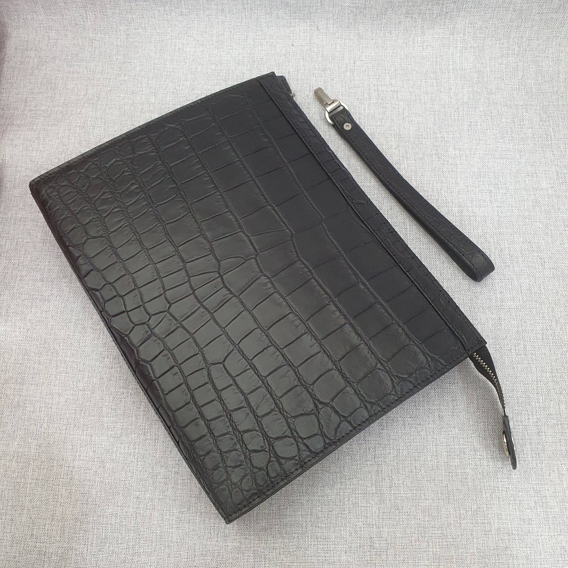 Mens Matt Genuine Crocodile Skin Leather Clutch Black