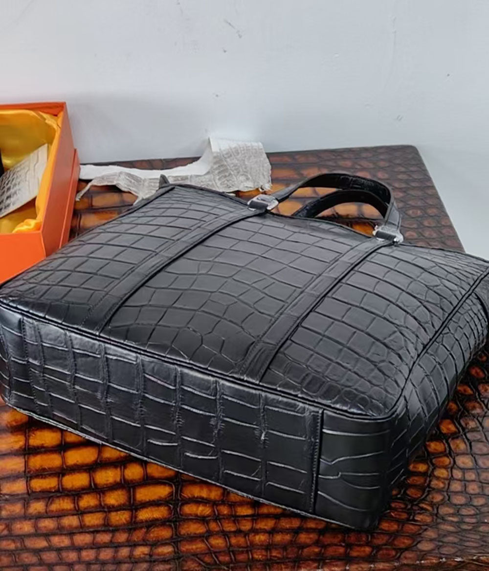 Preorder Unisex Crocodile Leather Briefcase Large Tote Bag Black