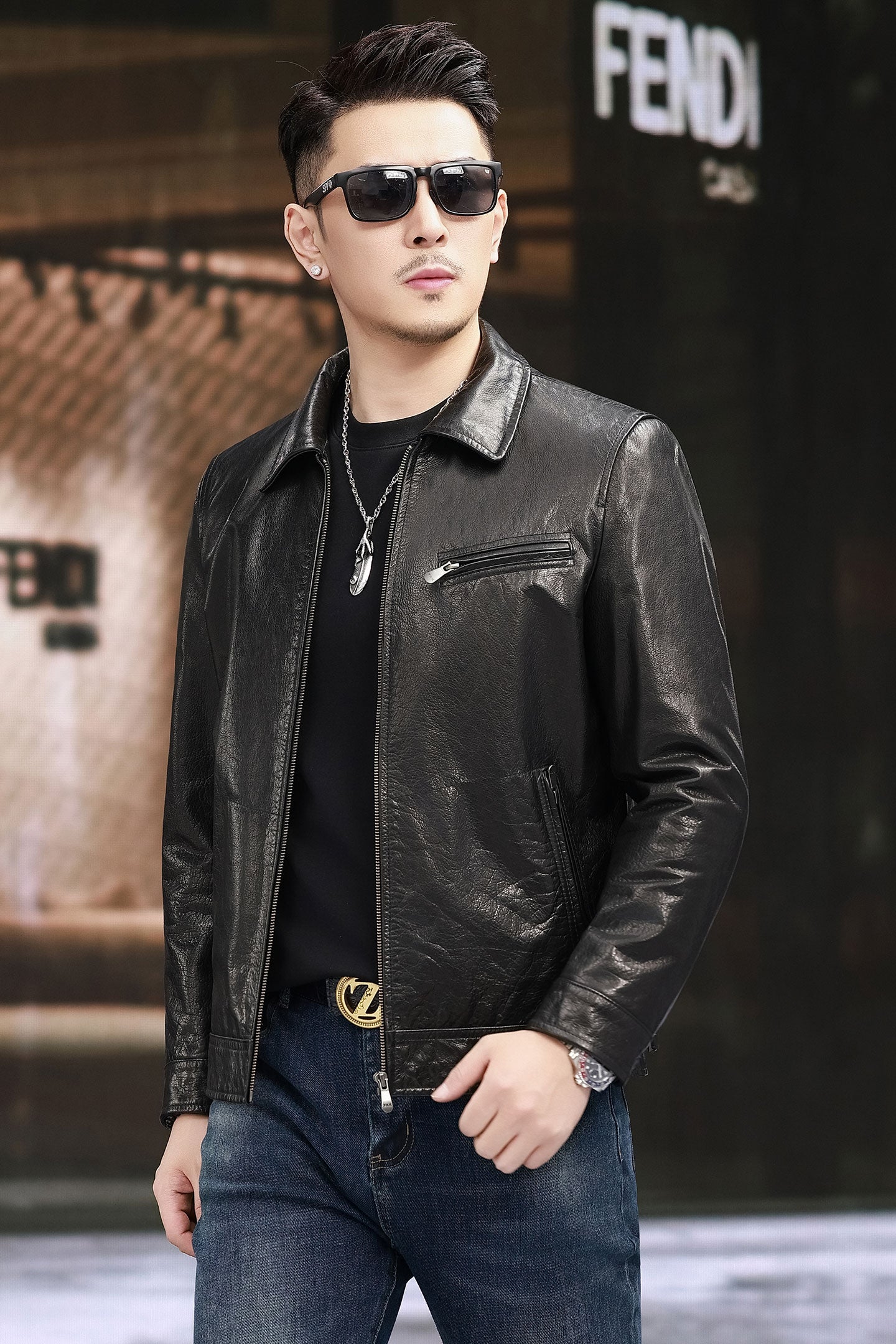 Leather Jacket Men's Turn Down Collar Gradient Oil Waxed Cowhide Jacket Motorcycle Jacket